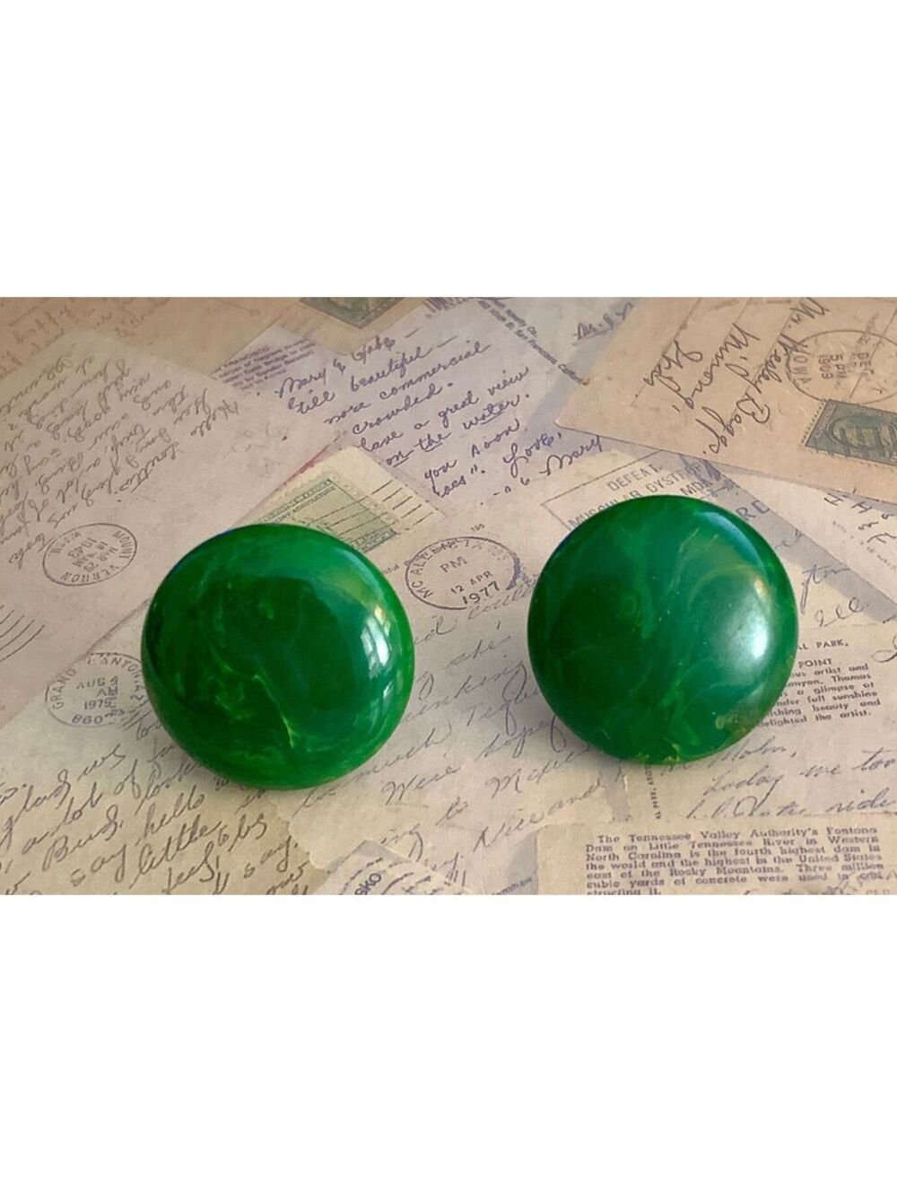 Vintage Art Deco Tested Bakelite Green Marbled Screw-Back Statement Earrings